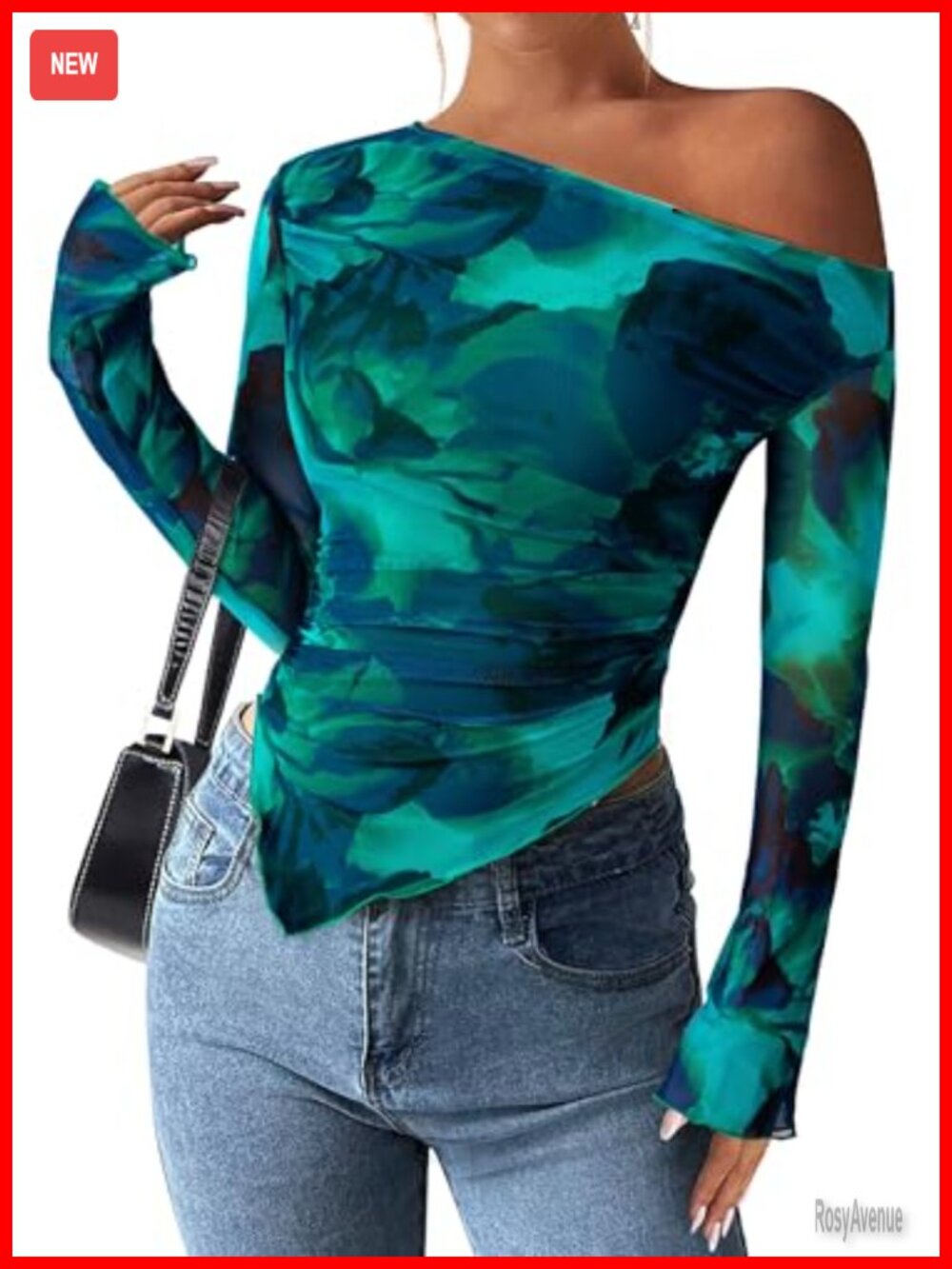 Off Shoulder Long Sleeve Mesh Blouse Women Y2K Ruched Tie Dye Party Top